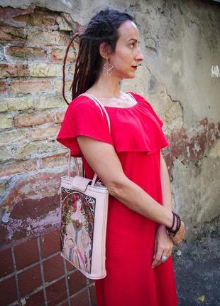 Жіноча сумка, рожевий рюкзак, альфонс муха, шкіряна жіноча сумка, сумка-рюкзак4 фото