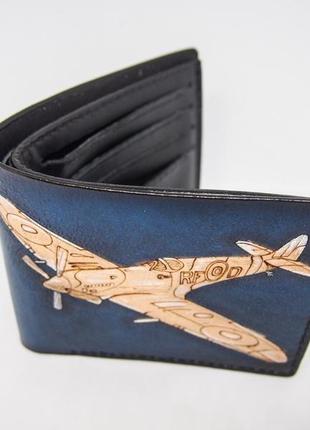 Синий кожаный кошелек, подарок летчику, кожаный кошелек спитфаер, кошелек с рисунком2 фото