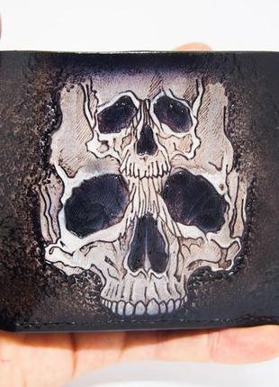 Кожаный кошелек с тиснением черепа, кожаный кошелек с обьемным рисунком черепа7 фото