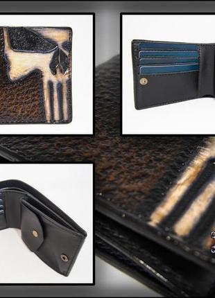 Кожаный бумажник с монетницей каратель, кожаный кошелек подарок байкеру, кошелек ручной работы9 фото