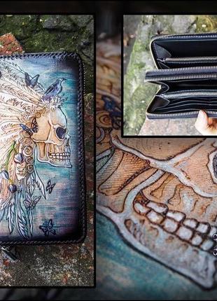 Шкіряний гаманець череп з орхідеями, шкіряний мальовничий гаманець на подвійний змійці10 фото