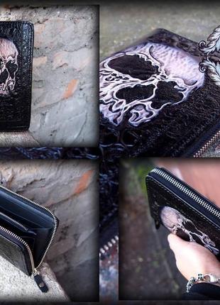 Шкіряний гаманець на блискавці череп, шкіряний гаманець подарунок байкеру, довгий шкіряний гаманець на блискавці10 фото
