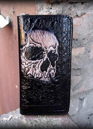 Шкіряний гаманець на блискавці череп, шкіряний гаманець подарунок байкеру, довгий шкіряний гаманець на блискавці2 фото