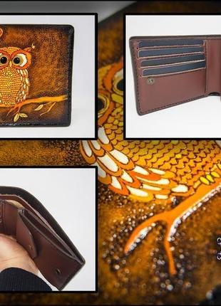 Шкіряний гаманець з совою, купити подарунок близькій шкіряний гаманець, шкіряний гаманець ручної роботи7 фото