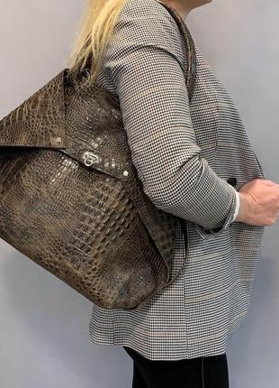 Женская сумка "флай" натуральная кожа, коричневая под крокодила2 фото
