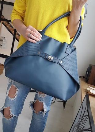 Женская сумка "флай" натуральная кожа,синяя с плетенкой