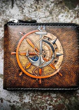 Кожаный кошелек на молнии с якорем, кожаный кошелек ручной работы подарок моряку