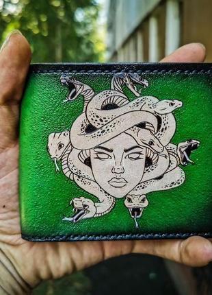 Кожаный зеленый кошелек медуза горгона, кожаный яркий женский кошелек с рисунком6 фото