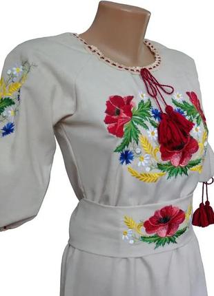 Льняное платье вышиванка для девочки подростка бежевое вышивка гладью family look р.146 - 1644 фото