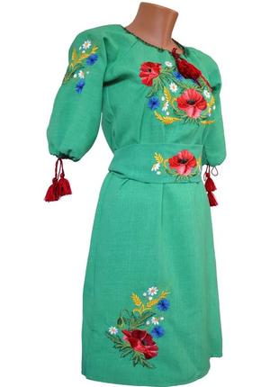 Льняное платье вышиванка для девочки подростка бежевое вышивка гладью family look р.146 - 1643 фото
