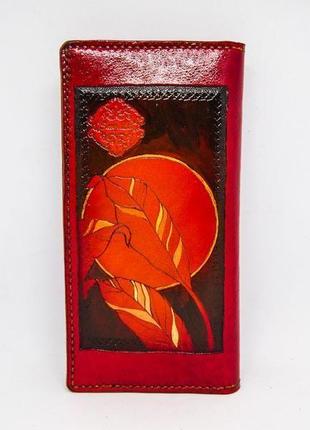 Кожаный красный кошелек листья, кожаный женский кошелек с листьями,2 фото