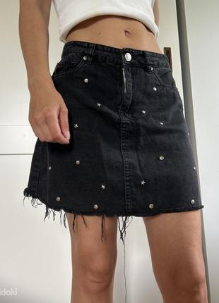 Юбка с заклепками, джинсовая юбка трапеция, юбка9 фото