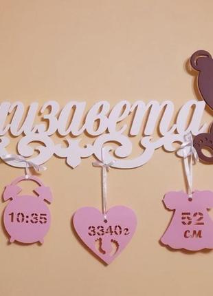 Дитяча метрика з декором 75 см і рамкою узд 5х5 см в мишкові.