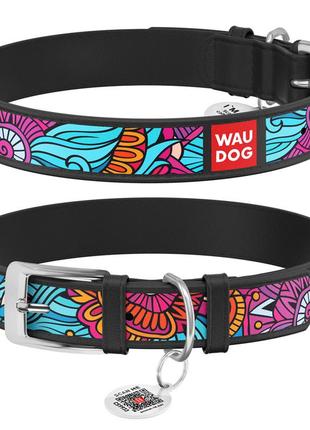 Ошейник для собак кожаный waudog design с qr паспортом, рисунок "лето", ш 12 мм, дл 18-24 см, черный