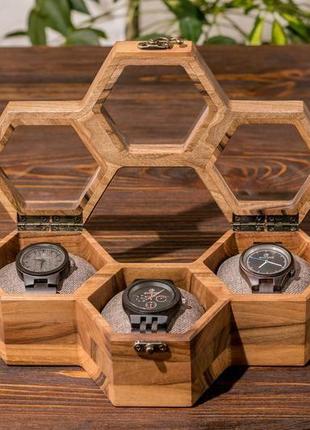 Скринька для 3-х годинників з дерева зі скляною кришкою | eb-16.3.11 фото
