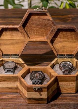 Кейс для зберігання 3-х годинників із дерев'яною кришкою на подарунок | eb-16.3.21 фото