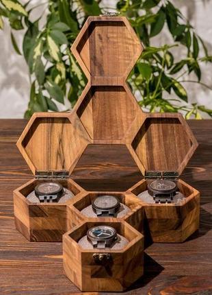 Дерев'яна подарункова скринька для 4-х годинників з дерев'яною кришкою | eb-16.4.21 фото
