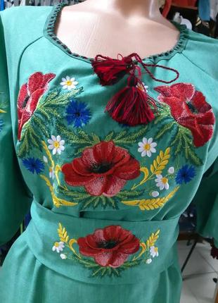 Льняное платье вышиванка для девочки подростка зеленое вышивка гладью р.146 - 1648 фото