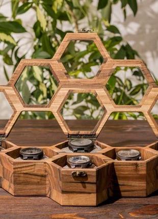 Шкатулка для 6-ти часов из дерева со стеклянной крышкой на подарок | eb-16.6.1