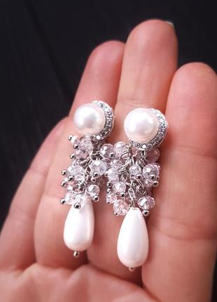 Сережки з перлами майорки та кристалами серьги свадебные с жемчугом белые серьги2 фото