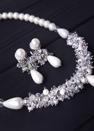 Кольє з перлів майорки та сяючих кристалів весільне кольє з кристалами для нареченої або іменинниці2 фото