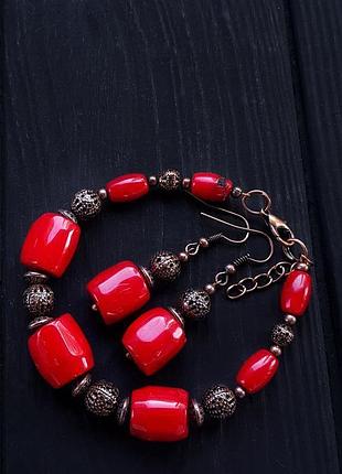 Комплект браслет та сережки з натуральних коралів браслет из коралла серьги с кораллами