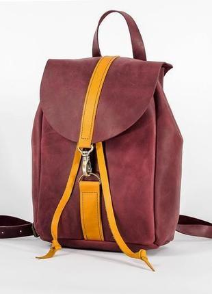 Жіночий шкіряний рюкзак "київ", розмір міні, вінтажна шкіра, колір бордо+бурштин1 фото