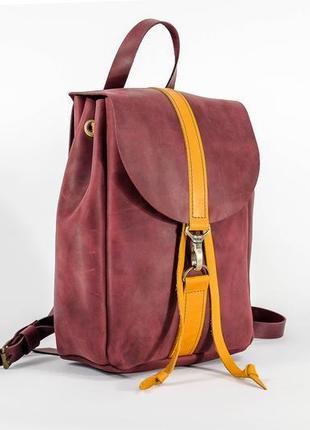 Жіночий шкіряний рюкзак "київ", розмір міні, вінтажна шкіра, колір бордо+бурштин2 фото