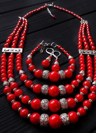 Комплект "перепевы" ожерелье, браслет, серьги с серебряными застежками колье из коралла серьги