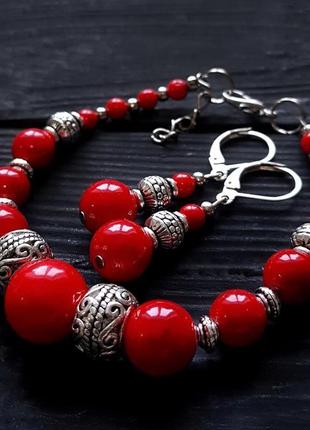 Комплект "перепевы" ожерелье, браслет, серьги с серебряными застежками колье из коралла серьги4 фото