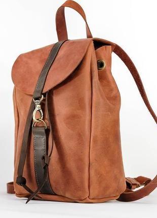 Жіночий шкіряний рюкзак "київ", розмір міні, вінтажна шкіра, колір коньяк+шоколад4 фото