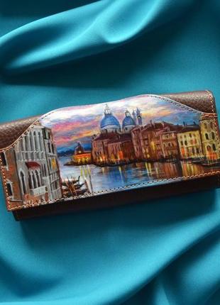Жіночий коричневий шкіряний гаманець "венеція" з ручним розписом2 фото
