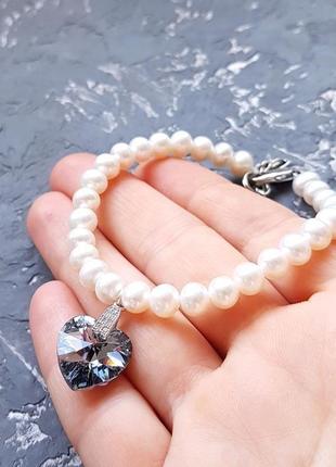 Браслет з натуральними перлами та кристалами swarovski браслет з перлами серце подарунок дівчині2 фото
