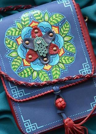 Синяя кожаная женская сумка "хамса"2 фото