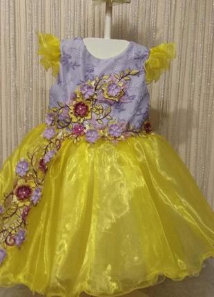 Пышное платье с цветами сиреневое с жёлтым 3-5 лет3 фото