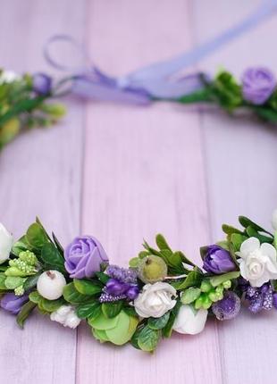 Венок веночек с цветами бело-фиолетово-салатовый1 фото