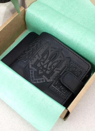 Подарунковий чоловічий набір №85: портмоне + обкладинка на паспорт (чорний)2 фото