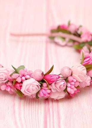 Обруч ободок с цветами розовый3 фото