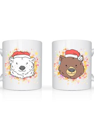 Білі кружки (чашки) парні з новорічним принтом "білий та бурий ведмеді у новорічних шапках." push it