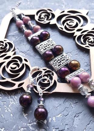 Комплект з браслету та сережок зі срібними застібками браслет і сережки фіолетові