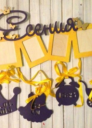 Дитяча метрика з фоторамками, іменна 50х45 см