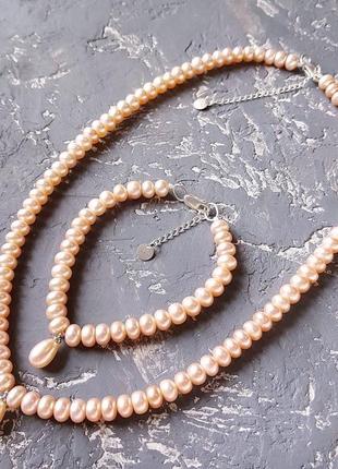 Комплект з натуральних персикових перлів намисто і браслет, кольє і браслет з натуральних перлин2 фото