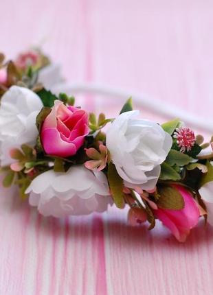 Пов*язка з квітами біло-рожево-малинова4 фото