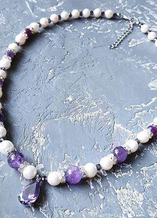 Комплект з натуральних перлів, аметистів, кристалів циркону бусы из жемчуга и аметиста и серьги2 фото