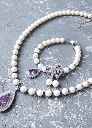 Комплект з натуральних перлів кольє браслет та сережки прикраси з натуральних перлів на весілля1 фото