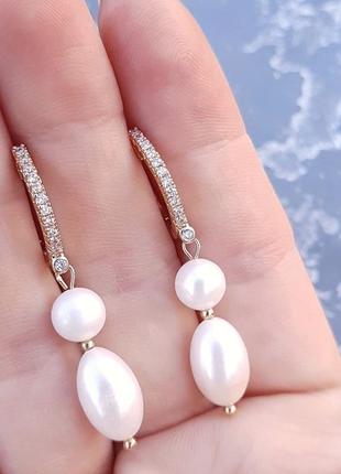 Позолочені сережки з натуральними перлами та кристалами сережки з перлами святкові5 фото