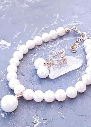 Комплект з натуральних перлів та перлів майорки сережки у позолоті браслет и серьги с жемчугом