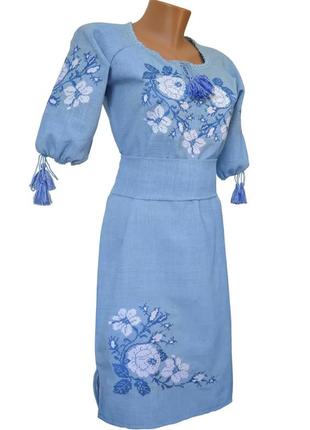 Лляне плаття вишиванка для дівчинки бежеве вишивка хрестиком кольори р. 146 - 1644 фото