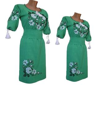 Лляне плаття вишиванка для дівчинки бежеве вишивка хрестиком кольори р. 146 - 1646 фото