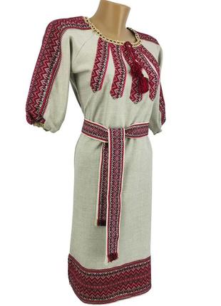 Льняное платье вышиванка для девочки бежевое р.146 - 1643 фото